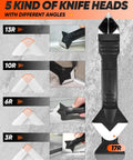 Silicone Caulking Tools 3 In 1 Finishing Tool For Sealant Grout Removal Scraper With Stainless Steel Head Perfect For Bathroom Kitchen Floor Window Sink Joints Frames Seals And Glass Glue Application And Glass Tile Grout Line Cleanup showing five replaceable knife heads with angles 13R, 10R, 6R, 3R, and 17R.