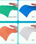 Hands holding silicone samples in green, blue, orange, and white, labeled by hardness: Super Elastic, 30A, 15A, 20A.