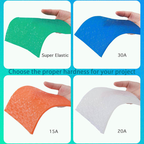 Hands holding silicone samples in green, blue, orange, and white, labeled by hardness: Super Elastic, 30A, 15A, 20A.