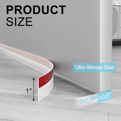 20 ft x 1 in Weather Stripping, Door Draft Stopper Silicone Gap Seal Strip installation on door for side gaps, clear, with measurements.