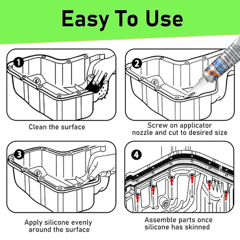 Steps to apply High Temp Silicone Gasket Maker For Engine Oil Pan Valve Cover And Transmission Housing Oil Resistant No Drip Non Corrosive Sealant With 590F Heat Tolerance Grey Two Pack Professional Grade Formula.