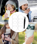 8 Pack Replacement Gasket Set For Wide Mouth Water Bottles With Flip Lid Caps Silicone O Ring Seals Rubber Gasket Stoppers Leak Proof Water Bottle Lid Gasket Replacement Kit With Tweezers For Durable Seal shown with warm drinks and outdoor settings