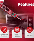 Heavy-Duty High Temp Silicone Gasket Maker And RTV Sealer - DIY Friendly, Flexible Heat Resistant Sealant Up To 600F For Valve Covers And Automotive Gaskets, Red RTV, 2 Pack Tubes shown near an oven illustrating features like heat resistance, silicone composition, and fast curing.