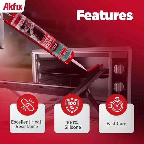 Heavy-Duty High Temp Silicone Gasket Maker And RTV Sealer - DIY Friendly, Flexible Heat Resistant Sealant Up To 600F For Valve Covers And Automotive Gaskets, Red RTV, 2 Pack Tubes shown near an oven illustrating features like heat resistance, silicone composition, and fast curing.