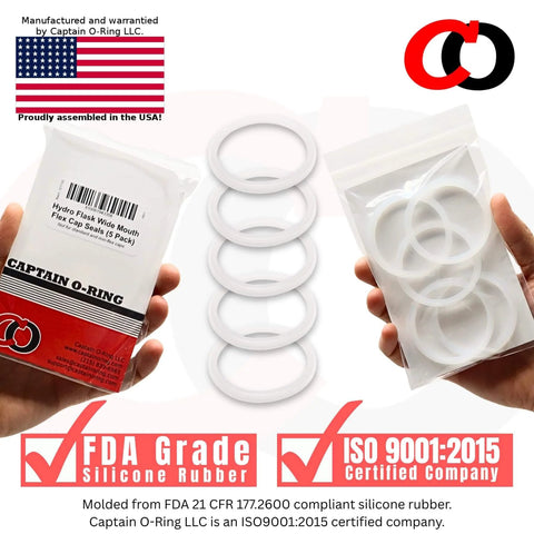 Hydro Flask Replacement Lid Gasket O Rings For Wide Mouth Flex Caps 5 Pack shown in packaging with five silicone O-rings visible