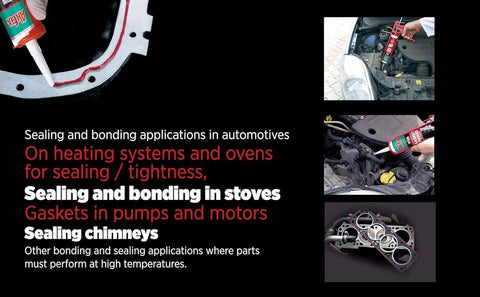 Heavy-Duty High Temp Silicone Gasket Maker And RTV Sealer - DIY Friendly, Flexible Heat Resistant Sealant Up To 600F shown in use on engine and stoves