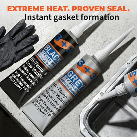 High Temp Silicone Gasket Maker For Engine Oil Pan Valve Cover And Transmission Housing Oil Resistant No Drip Non Corrosive Sealant With 590F Heat Tolerance Grey Two Pack Professional Grade Formula tubes next to engine part