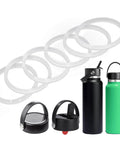 Six Pack Rubber Seals For Hydro Flask Wide Mouth Flex Caps And Flex Straw Cap O Rings Replacement with water bottles and caps shown