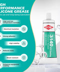 Tube of Clear One Part RTV Coating And Adhesive Sealant For Electronics 100ml, shown with silicone grease benefits.