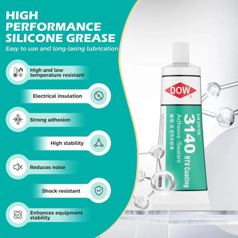 Tube of Clear One Part RTV Coating And Adhesive Sealant For Electronics 100ml, shown with silicone grease benefits.