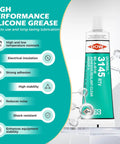 DOWSIL 3145 RTV Silicone Adhesive Sealant tube, high performance, silicone grease, features highlighted in graphic, focus keyword unavailable.
