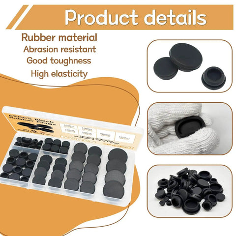 62 Piece Silicone Hole Plug Set For Furniture Round Holes In Six Sizes 1 Inch Three Quarter Inch One Half Inch Three Eighth Inch One Quarter Inch With Black Rubber Plugs And Convenient Storage Box.