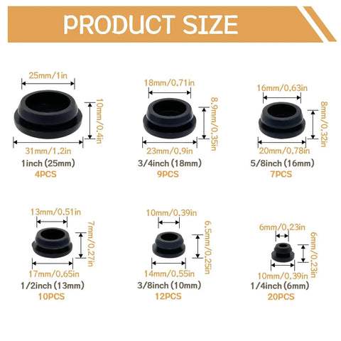 62 Piece Silicone Hole Plug Set For Furniture Round Holes In Six Sizes 1 Inch Three Quarter Inch One Half Inch Three Eighth Inch One Quarter Inch With Black Rubber Plugs And Convenient Storage Box