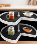 Two Pack 27 Inch Silicone Lazy Susan Shelf Liner Non Slip For Kitchen Cabinets with jars, organized spices.