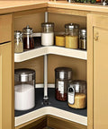 Two Pack 27 Inch Silicone Lazy Susan Shelf Liner Non Slip For Kitchen Cabinets Drawers Mats Placemat Coaster Craft Mat Multi Purpose Use Durable Non Slip Surface Easy To Clean Heat Resistant Flexible Design Keeps Items In Place installed in a corner cabinet with jars and bottles