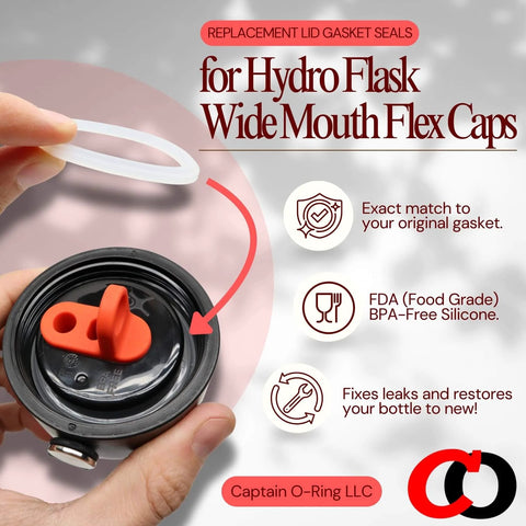 Hydro Flask Replacement Lid Gasket O Rings For Wide Mouth Flex Caps 5 Pack installation view with flex cap details and gasket.
