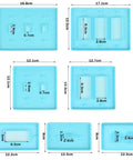 7 Piece Light Switch Cover Resin Molds Set for Epoxy Resin Crafts, silicone molds with measurements in blue, various switch panel designs.