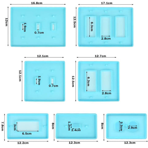 7 Piece Light Switch Cover Resin Molds Set for Epoxy Resin Crafts, silicone molds with measurements in blue, various switch panel designs.