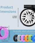 Silicone Luggage Wheel Covers Protector Set For Travel And Office Chair Casters Wear Resistant Anti Noise Shock Absorption Soft Stretchable Covers That Reduce Drag And Vibration Quiet Purple, with dimensions and color options displayed.