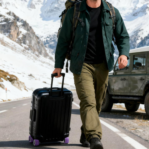 Man walking with suitcase using Silicone Luggage Wheel Covers Protector Set For Travel And Office Chair Casters Wear Resistant Anti Noise Shock Absorption Soft Stretchable Covers That Reduce Drag And Vibration Quiet Purple on a snowy mountain road
