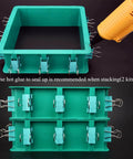 Adjustable Mold Housing Kit For Silicone Molds with leak proof plastic frame, shown with hot glue for sealing when stacking two kits