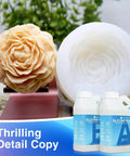 64 Oz Silicone Mold Making Kit with Platinum Cure Liquid Silicone, featuring two 32 oz bottles and a molded flower example.