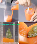Silicone Mold Making Kit For Resin Soap And Candle Casting With 1A1B By Volume 15A Shore Fast Cure Low Viscosity Silicone 2.2 Lb Kit Leak Proof Bottles Easy One To One Mix Ideal For DIY Mold Creations demonstrating steps of mixing and casting an orange silicone with a leaf mold.