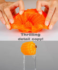 Silicone Mold Making Kit For Resin Soap And Candle Casting With 1A1B By Volume 15A Shore Fast Cure Low Viscosity Silicone 2.2 Lb Kit Leak Proof Bottles Easy One To One Mix Ideal For DIY Mold Creations - orange silicone mold being manipulated by hands showing flexibility and detail, and a corn-shaped silicone cast displayed on a stand.