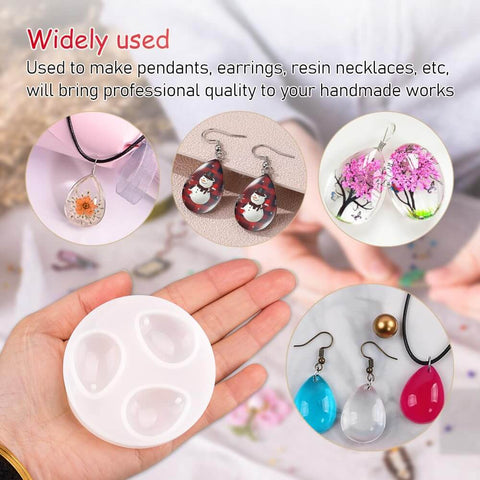 Hand holding Water Drop Pendant Silicone Molds for Resin Casting Jewelry Making 2 Pack With Hole, examples of completed resin jewelry shown.