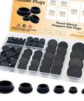 62 Piece Silicone Hole Plug Set For Furniture Round Holes In Six Sizes 1 Inch Three Quarter Inch One Half Inch Three Eighth Inch One Quarter Inch With Black Rubber Plugs And Convenient Storage Box displayed in an open box showing various sized plugs.