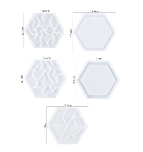 5 Piece Puzzle Resin Molds Set, Silicone Tray Molds For Epoxy Casting, Game Board Shape DIY Craft Kit, five hexagonal molds