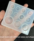 4 Pack Round Button Silicone Molds TuNan Set in hand showing 7 sizes for resin casting, flexible and reusable, 10mm to 30mm
