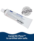 Tube of one-component silicone rubber adhesive, 3 oz, lab tested skin safe, for bonding RTV silicone and various substrates.