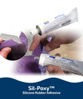 Hands applying One Component Silicone Rubber Adhesive For Bonding RTV Silicone To Silicone And A Wide Range Of Substrates on purple material