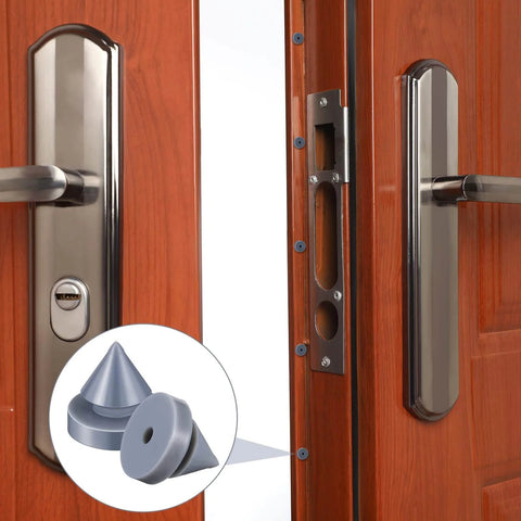 Ridiculously Quiet Rubber Door Silencer For Metal Frames Half Inch Diameter Hinge Stopper Anti Slam Device Reduces Door Slams And Noise Creates Peaceful Rooms Durable High Temperature Resistant Pack Of 100 shown installed on a wooden door with metal frame inset showing silencer detail.