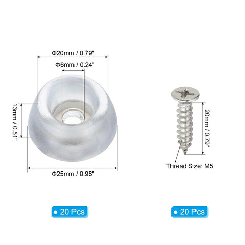 20 Pack No Slip Rubber Feet Bumpers For Cutting Boards And Furniture Round Silicone Bottom Caps With Stainless Screws Clear Anti Slip Pads For Kitchen Appliances 0.98 Inch Diameter 0.51 Inch High M5 Thread.