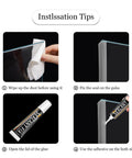 Installation steps for Silicone Sliding Glass Door Side Seal Strip, 100 inch long, 1/4 inch thick, using adhesive and scissors.