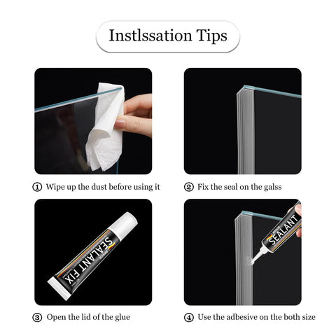 Installation steps for Silicone Sliding Glass Door Side Seal Strip, 100 inch long, 1/4 inch thick, using adhesive and scissors.
