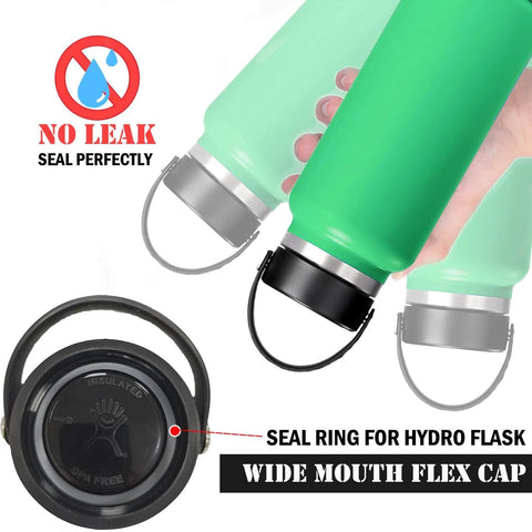 Image showing a Six Pack Rubber Seals For Hydro Flask Wide Mouth Flex Caps And Flex Straw Cap O Rings Replacement, fitted on bottles.