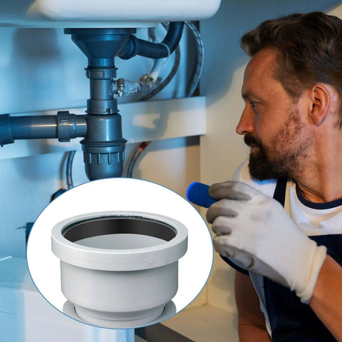 Plumber inspecting pipe with silicone seal ring washer set for 1 and a half inch drain pipes ten pack highlighted