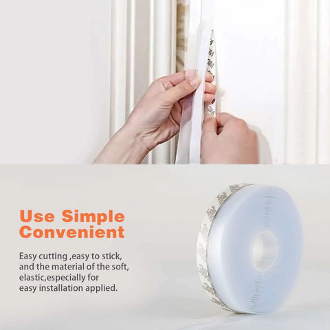 26 Feet Silicone Seal Strip shown being applied to a door, highlighting adhesive backing; includes product roll, transparent 45MM.