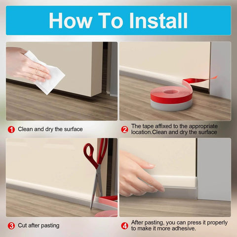 Installation steps for Door Weather Stripping Silicone Seal Strip Sealing Tape for Door Draft Stopper Adhesive Tape on floor.