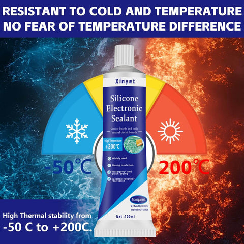 100ml Go To Electronic Silicone Sealant Adhesive For Electronics Conformal Coating showing temperature resistance range of -50°C to +200°C