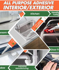 Go-To All-Purpose Silicone Sealant Adhesive For Kitchen Bathroom Window And Door Sealing Waterproof Flexible Bond Shrink Crack Resistant Clear 3.4 Fl Oz used on various surfaces in kitchen, bathroom, windows, doors, and car headlights.