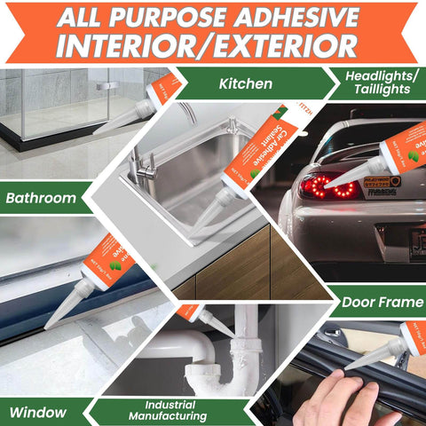 Go-To All-Purpose Silicone Sealant Adhesive For Kitchen Bathroom Window And Door Sealing Waterproof Flexible Bond Shrink Crack Resistant Clear 3.4 Fl Oz used on various surfaces in kitchen, bathroom, windows, doors, and car headlights.
