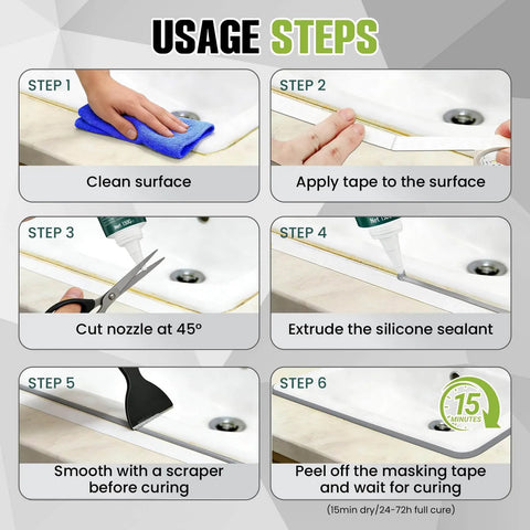 Step-by-step usage guide for Pro-Grade RTV Silicone Sealant, 100 Percent Silicone, Waterproof, Strong Adhesion, Flexible And Durable, Heat And Cold Resistant, DIY-Friendly And Road-Tested For Car, Kitchen, Bathroom, Windows And Doors Sealing, Black, 150g.