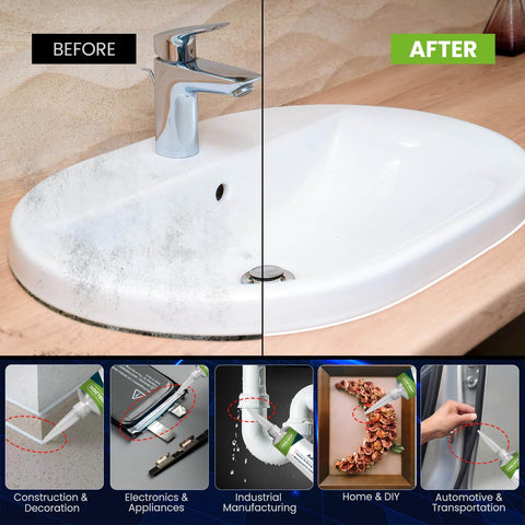 Before and after of a sink sealed with All Purpose Silicone Adhesive Sealant, RTV Waterproof Caulk With Ultra Flex And Strong Grip, 3.4 Fl Oz.