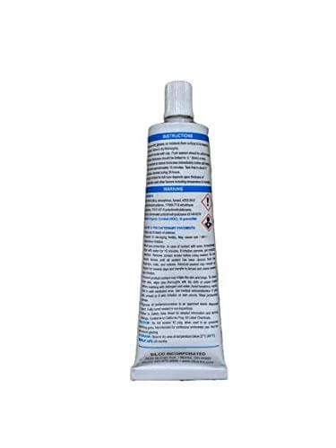 Back view of Heavy Duty Food Safe Silicone Sealant RTV 4500 Clear Two Pack 2.8 Fluid Ounce Each with instructions and warnings visible on tube.