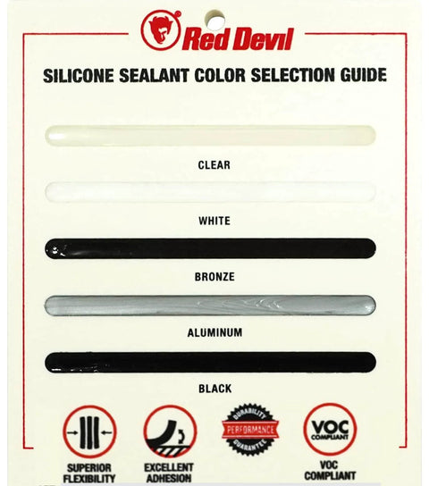 Silicone sealant color selection guide showing clear, white, bronze, aluminum, and black options