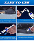 "Silicone Adhesive Sealant For Auto And Home Use, 100 Percent Waterproof Black Caulk With A Super Strong Bond That Wont Shrink Or Crack, Perfect For Gaskets Engine Sunroof Headlights Windows And Easy Home Repairs, 30g being applied to a car windshield"